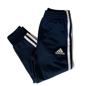 Adidas Boys Joggers Size 4 3-Stripes Blue Pants White Stripes Pockets Elastic